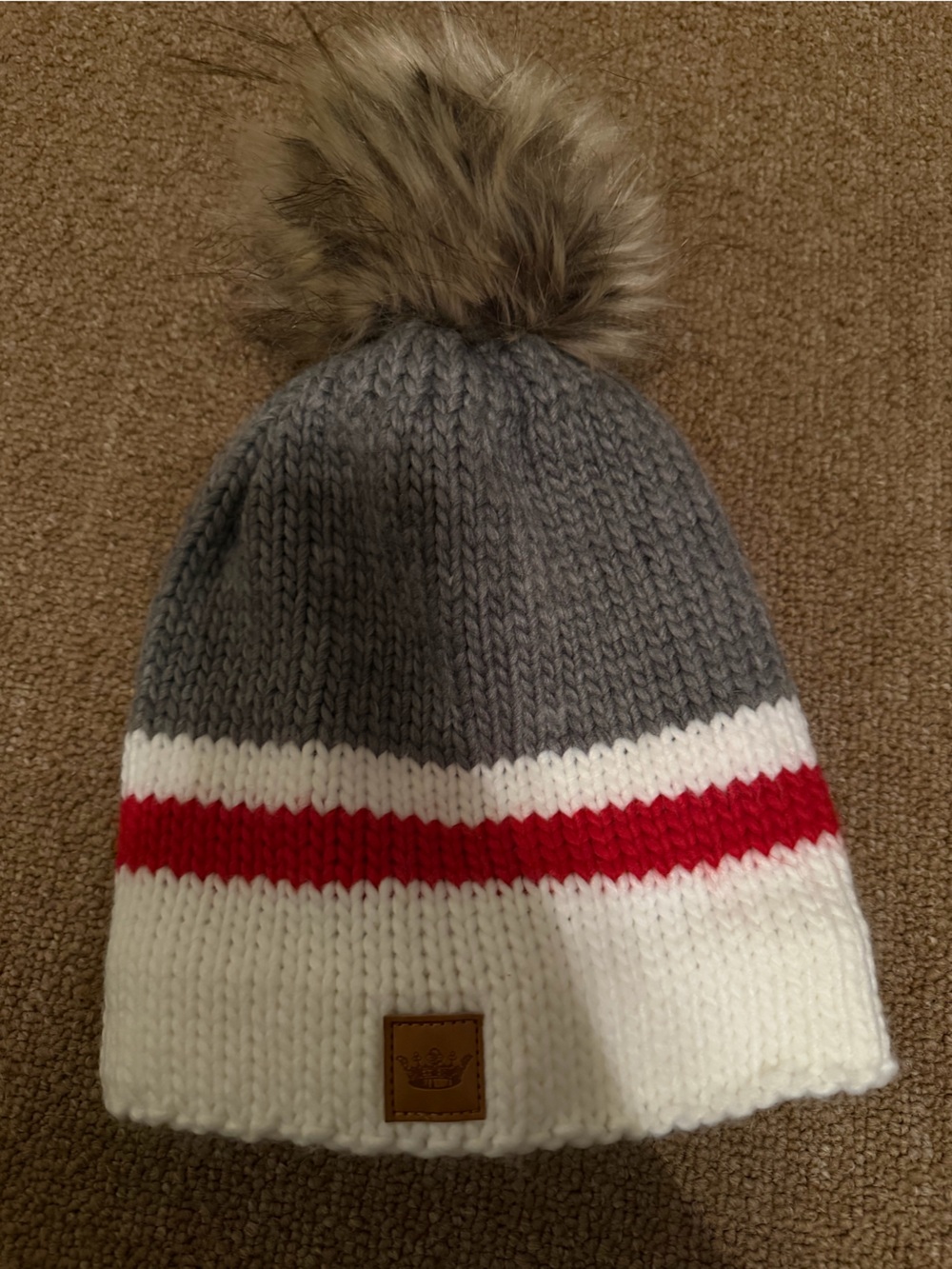 Gray, White & Red Knit Pom Beanie